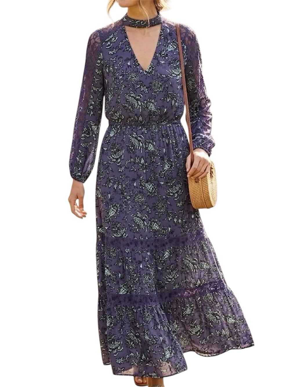 Belle + Sky Navy Floral Choker Neck Laced Long Sleeve Maxi Dress